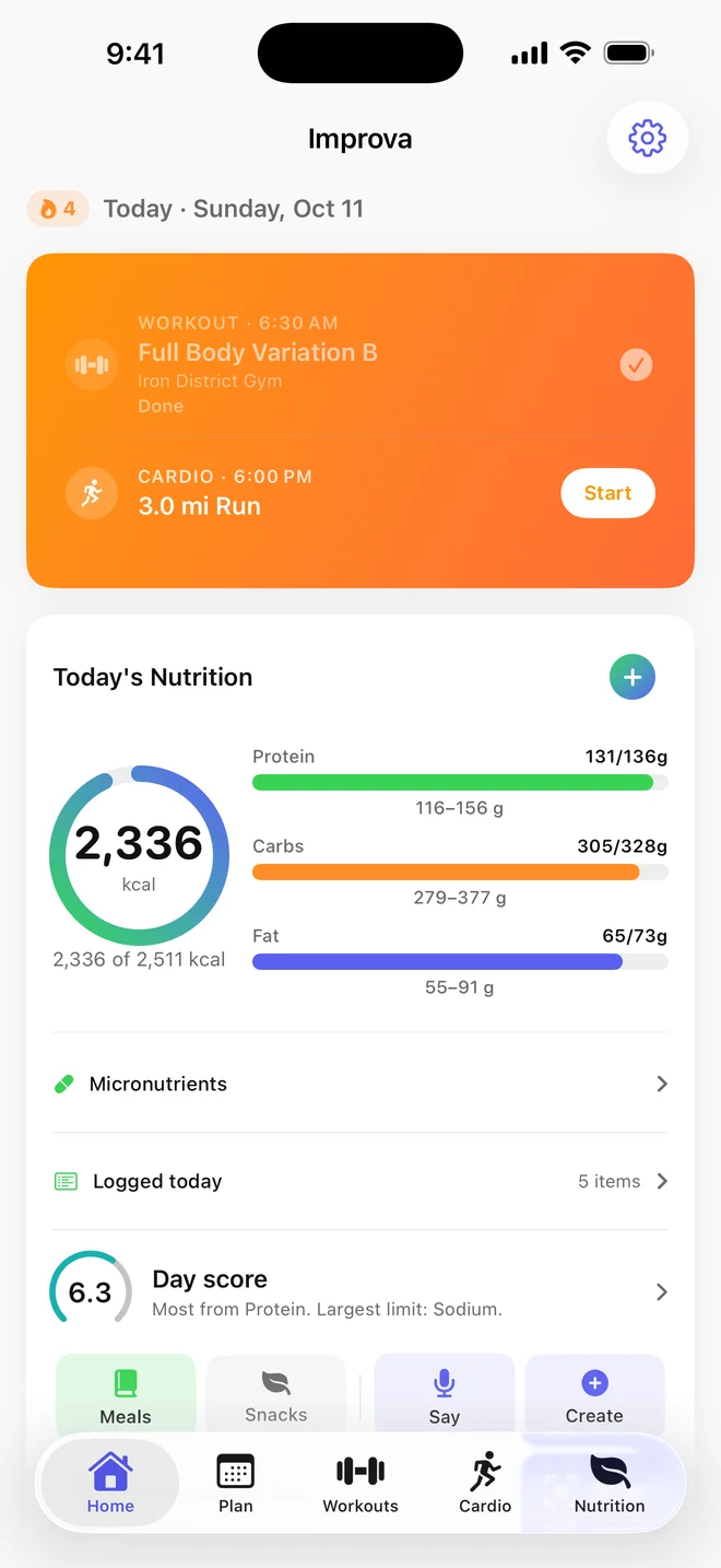 Improva Home screen: today's workout done, an evening run planned, and the day's calories and macros
