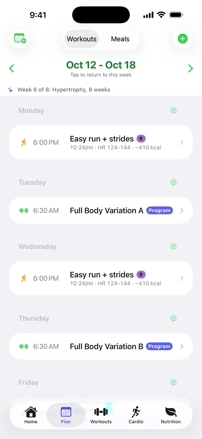 Weekly planner with runs and strength sessions across the week